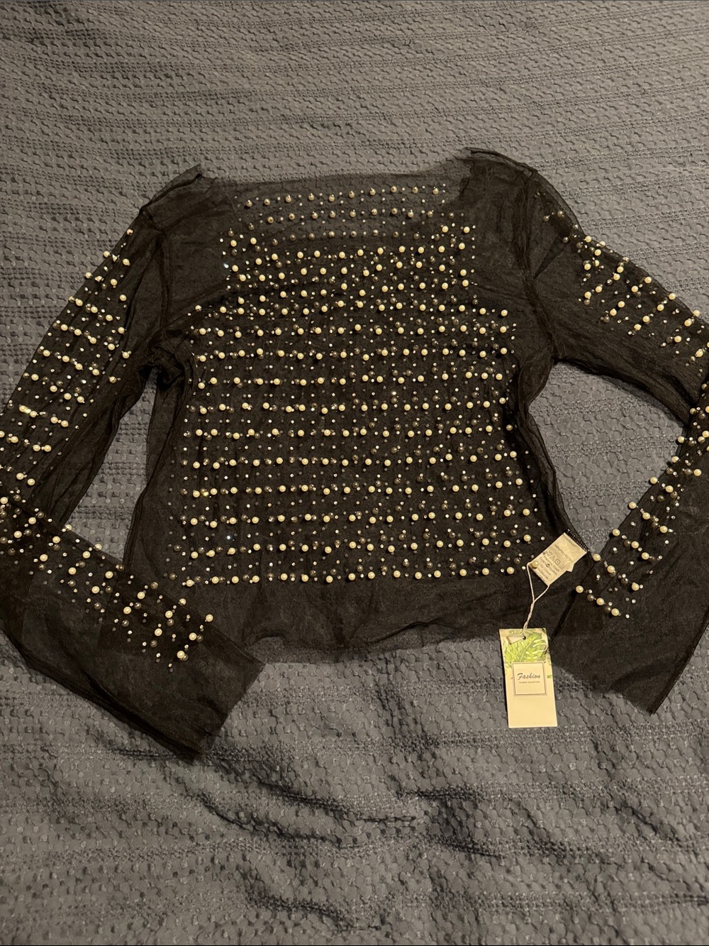 Black Sheer Long-Sleeve Top with Pearls and Rhinestones